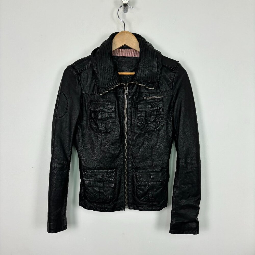 Superdry Utility Leather Jacket Full Zip Front Pockets Black Womens Size S